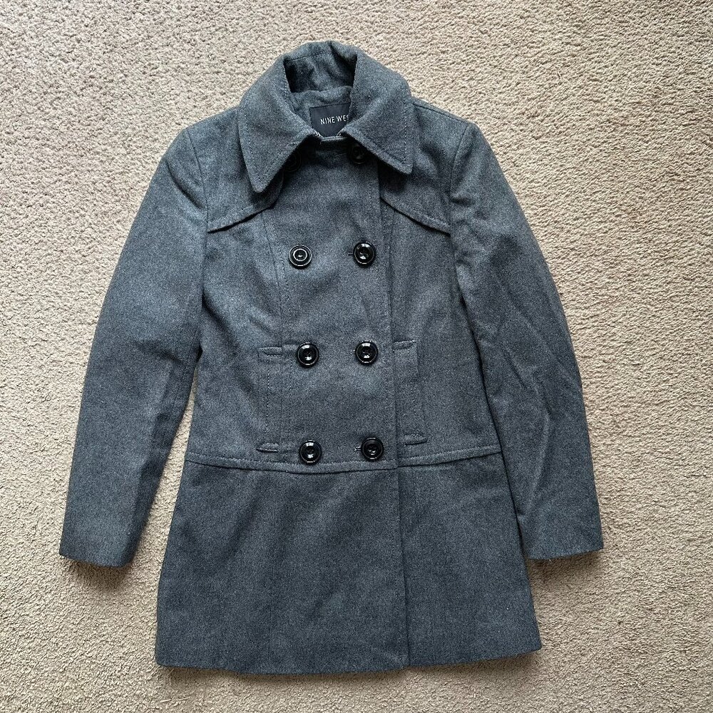 Nine West Pea Coat Womens 4 Wool Blend Notch Double Breast Grey